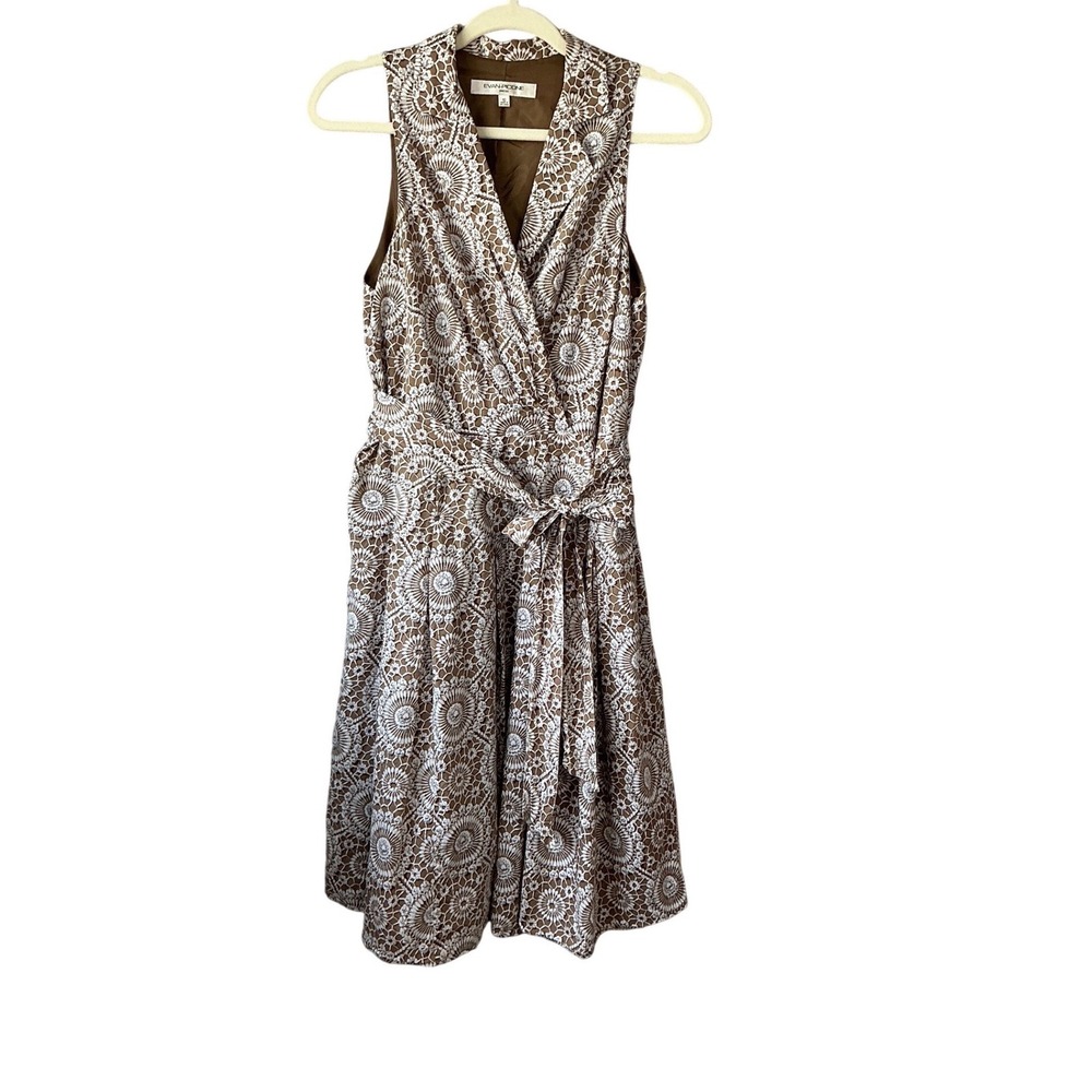 Evan-Picone Brown‎ White Medallion Lace Sleeveless Wrap Dress Belted Size 10